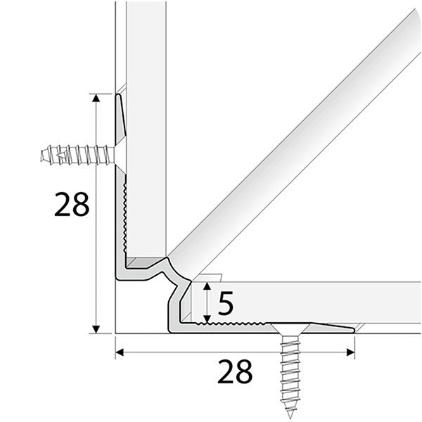 28 x 28mm Aluminium Inner Corner Stair Nosing for 5mm LVT Flooring