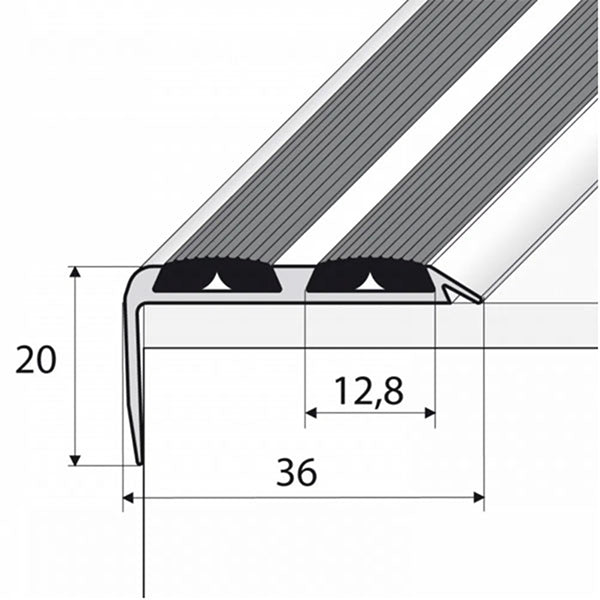 36 x 20mm Anodised Aluminium Stair Nosing with Dual Anti Slip Rubber Inserts