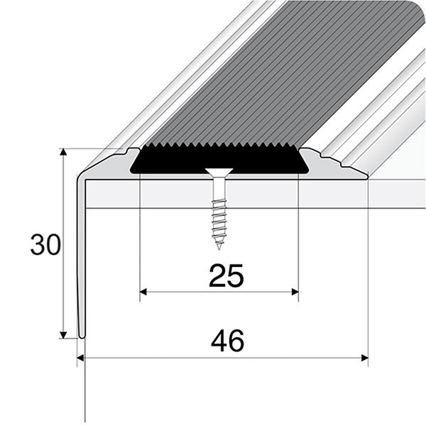 46 x 30mm Anodised Aluminium Stair Nosing – Straight Edge Trim with Anti Slip Rubber Insert