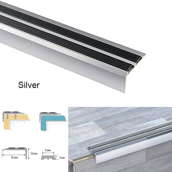900 x 35 x 20mm Aluminium Stair Nosing – Edge Trim with Rubber Inserts for Steps Safety