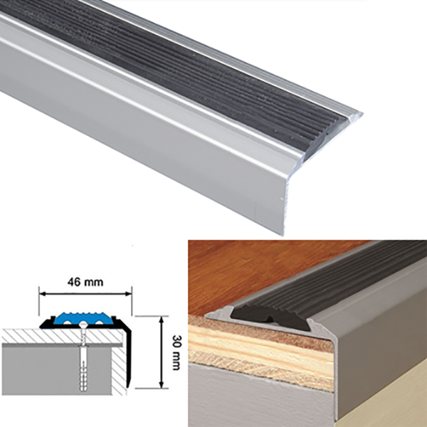 1200mm x 46mm x 30mm Anodised Aluminium Stair Nosing with Anti Slip Insert – Hidden Screw Fix