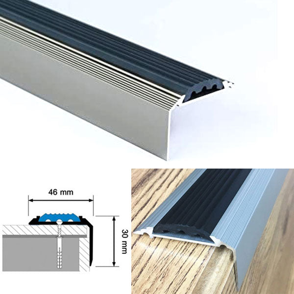 Anti-Slip Aluminium Stair Nosing – 2400×46×30mm Edge Trim with Hidden Fixing