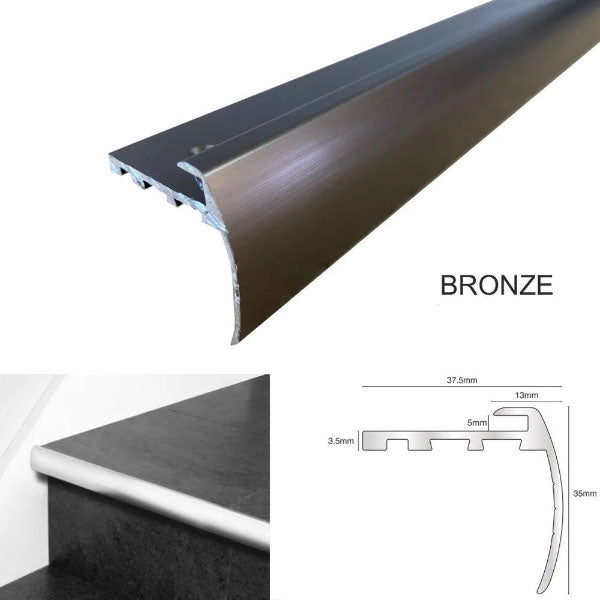 37.5 x 35mm Anodised Aluminium Bullnose Stair Nosing Profile for 5mm LVT Flooring