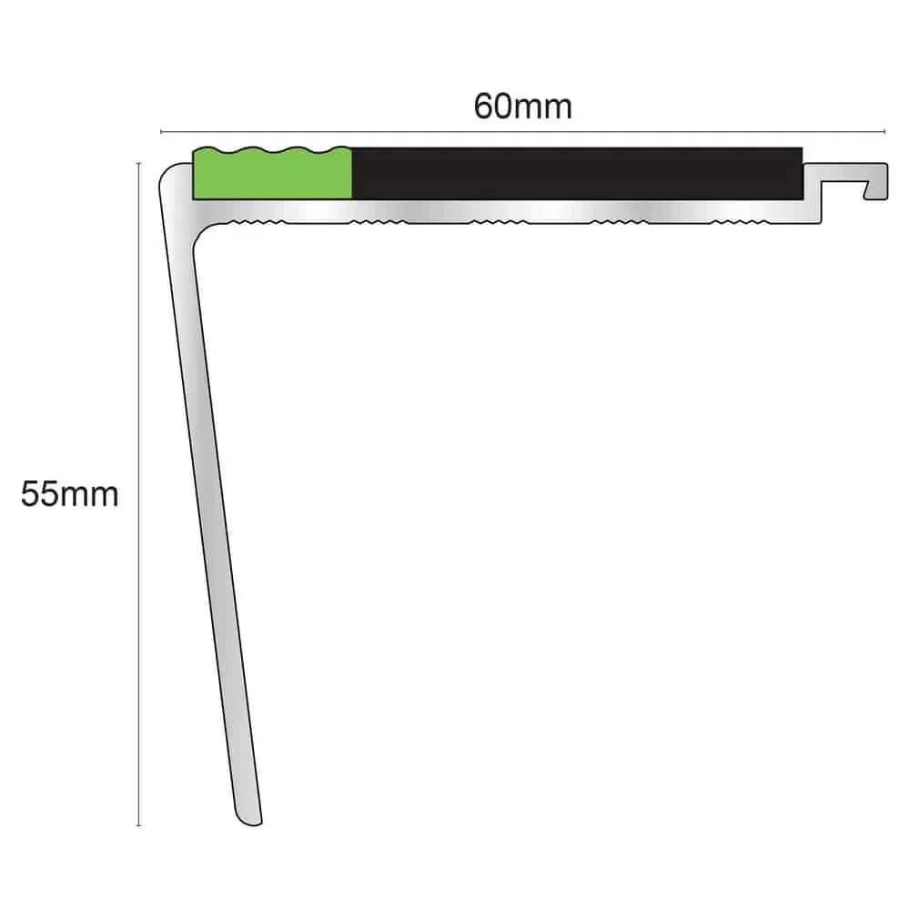 60 x 55mm Tredsafe Aluminium Stair Nosing with Aluminator Non Slip Rakeback Profile