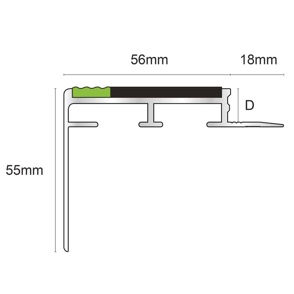 12.5mm Slimline Tile-In Non Slip Profile – 56 x 55mm Heavy Duty Stair Edge with PVC Insert