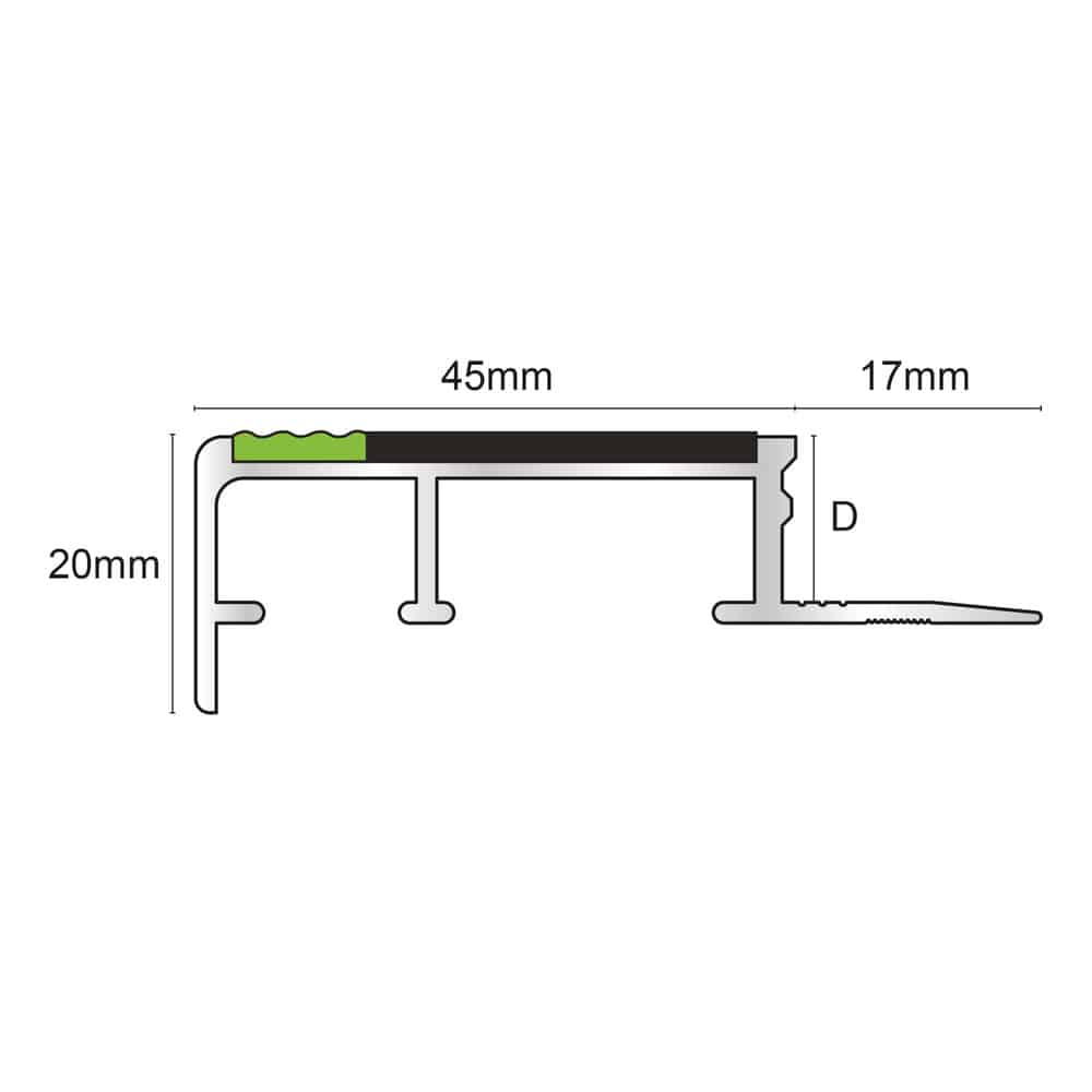 12.5mm (45 x 20mm) Slimline Aluminium Tile-In Stair Nosing Trim – Non Slip Profile with PVC Insert